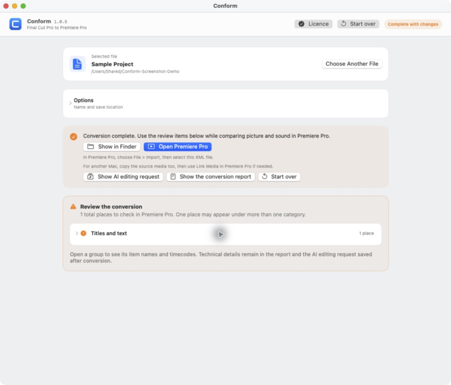 The finished state: Show in Finder, Open in Premiere Pro, Show AI editing request, Show the conversion report