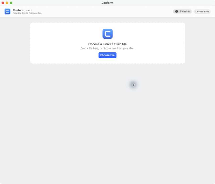 Conform's first screen, with a dashed area to drop a file onto