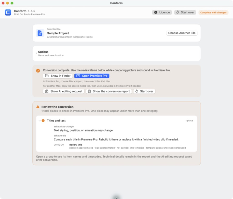 The review screen: timecodes, title names, affected ranges, and what changes about each one
